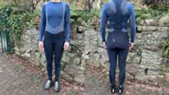 Q36.5 Gregarius Hybrid Light bib tights shown front and back against a stone wall