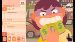 Jenny clasps a dollar bill in Consume Me with a wide and mischievous grin