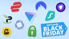 VPN logos on a blue background, with a price tag that says "Black Friday"