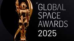 A golden astronaut trophy in front of a dark background with the words "Global Space Awards 2025" next to it on the right side in white