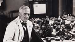 Professor Fleming, Scottish bacteriologist, in his laboratory, 1943.