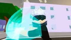 Jujutsu Shenanigans player wearing a Gojo avatar head and using a blue energy beam