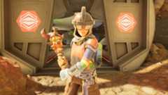 Grounded 2 missing optical disk locations: An upper-body shot of a character wearing heavy armour and holding a club in the doorway to an Ominent facility.