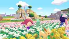 Screenshot from Pokemon Pokopia shows a Ditto protagonist, Leafeon, and Sylveon in a field of flowers.