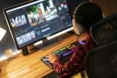 someone with headphones on doing video production
