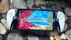 The PlayStation Portal on a counter with the start screen for Horizon Forbidden West