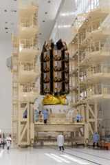 A stack of 36 OneWeb internet satellites are seen in launch configuration ahead for OneWeb&#039;s Launch 7 mission liftoff off set for May 27, 2021.