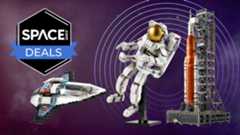 Three space-themed Lego sets on a purple background with a 'Space.com deals' badge