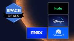 Hulu, Max, Disney Plus and Paramount Plus logos surrounded in a white glow on an orange planet background with a space.com deals logo in the top left corner.