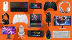 Gaming hardware and accessories on an orange background