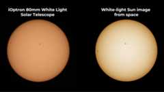 A comparison image of two photographs of the sun, one taken with the iOptron telescope and the other taken from space