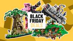 Lego Deku Tree, Mecha Team Leader, Spider-Man Subway Train Battle, and Bag-End sets on either side of a GamesRadar+ Black Friday deals badge, all against a yellow background