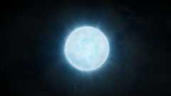 A ball of blue and white light representing a white dwarf star in the darkness of space.