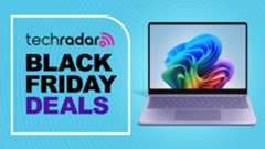 A violet Microsoft Surface Laptop 13-inch (2025) against a TechRadar Black Friday deals background