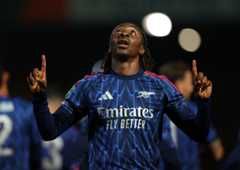Eberechi Eze of Arsenal celebrates after scoring his teams first goal during the Carabao Cup Third Round match between Port Vale and Arsenal at Vale Park on September 24, 2025 in Burslem, England.