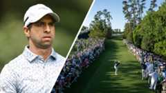 Aaron Rai looks on (left) while Rory McIlroy hits a drive down the 18th at Augusta National (right)