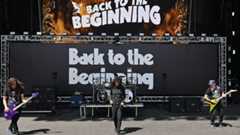 US rock band Anthrax sound check as preparations continue on the eve of British rock band, Black Sabbath's "Back to the Beginning" concert, Ozzy Osbourne's final ever gig as Black Sabbath's frontman at Villa Park in Birmingham, central England on July 4, 2025