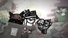 Three cats hiding scared behind some debris in Mewgenics.