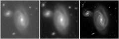 Three grayscale pictures of the same spiral galaxy, with the image quality and fuzziness getting better as you move from left to right.