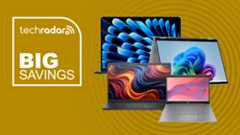 An Apple MacBook, HP OmniBook, Dell laptop and HP Chromebook on an orange background