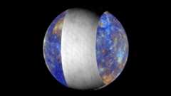 a trippy blue and gold sphere with a middle section wrapped vertically in grey.