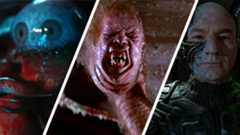 Three scary aliens: T. Ocellus from Alien: Earth, The Thing from The Thing, and Locutus of Borg from Star Trek: The Next Generation