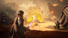 a cloaked sci-fi warrior blasts a laser gun in a heated battle