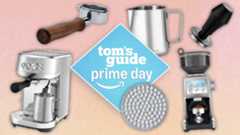 the Normcore tamper and puck screen, Breville Bambino Plus and Smart Control Pro Grinder, Casabrews milk jug with a prime day badge