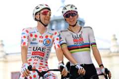 AMIENS, FRANCE - JULY 08: (L-R) Tim Wellens of Belgium - Polka Dot Mountain Jersey and Tadej Pogacar of Slovenia and UAE Team Emirates - XRG prior to the 112th Tour de France, Stage 4 a 174.2km stage from Amiens Metropole to Rouen / #UCIWT / on July 08, 2025 in Amiens, France. (Photo by Dario Belingheri/Getty Images)