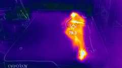 A picture of the Nectar Premier Memory Foam Mattress taken using a thermal imaging camera. This screenshot is from 9 minutes into the testing period, when our readings showed the temperature at its highest. In the image, our tester Frances Daniels lies on the right side of the mattress and she shows on the thermal imaging camera as a bright white / yellow shape. The rest of the mattress is cooler in comparison and shows up purple. A crosshair is placed in the center of the body, displaying a temperature reading of 78.3°F.