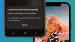 Two phones on a blue and green background showing a Spotify error message and album cover