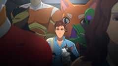 Robert rides the elevator to work in Dispatch with his dog Beef, looking out of place surrounded by superheroes