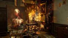 Layers of Fear screenshot showing a portrait painting of a decaying person on an easel before a table that has lots of baby dolls stuffed beneath it