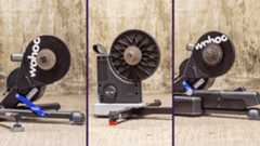 A collage image of the the best smart trainers, featuring the Wahoo Kickr, Elite Justo 2 and the Wahoo Kickr Move standing in an underground car park