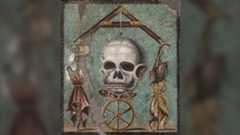 mosaic of a skull surrounded by other items on a teal green background