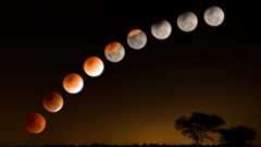 Phases of a lunar eclipse showing the moon turn progressively red.