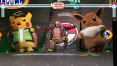 Pikachu and Eevee mascots cheer a wrestler on the way to the ring for Pokemon Legends Z-A&#039;s crossover with Mexican wrestling promotion CMLL