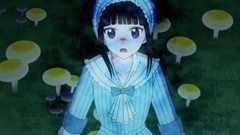 Luna looks shocked while standing in front of yellow mushrooms