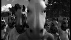 Horses trailer still - bunch of otherwise naked people in horse masks