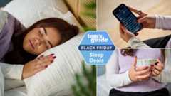 Our sleep tech reviewer wearing the silver Oura Ring 4 on right index finger in bed with white sheets in our sleep studio (left). Checking sleep analytics on Oura app on iPhone (top right) and holding a mug in front of purple jumper with silver Oura Ring 4 on index finger (bottom right), with Tom's Guide Black Friday sleep deals logo 