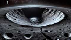 An illustration of an astronaut wearing white standing on the edge of a giant crater on the moon