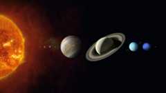 nine planets extend in a line away from a fiery sun