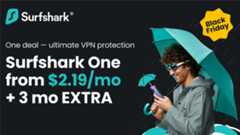 Person wearing swimming goggles and holding a blue umbrella and smartphone. Surfshark texts is promoting its $2.19 Surfshark One Black Friday deal
