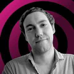 A black-and-white image of Roland Moore-Colyer on a white background with a concentric pink circles