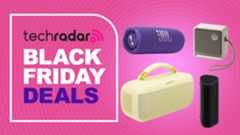 Bose SoundLink Max, Edifier ES20, JBL Flip 7, and Sonos Roam 2 on pink background with words 'TechRadar: Black Friday deals'