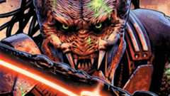 A Yautja covered in green blood while brandishing a high-tech weapon