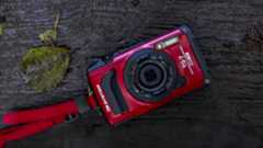 The OM System Tough TG-7 camera on a wooden log across a river