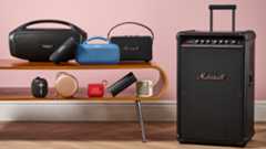 An array of Bluetooth speakers on table