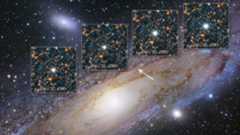 A photo of the Andromeda galaxy with four insets showing the variable brightness of M31