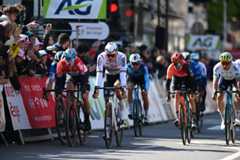LIEGE BELGIUM APRIL 24 LR Maxim Van Gils of Belgium and Team Lotto Dstny Mathieu van der Poel of The Netherlands and Team Alpecin Deceuninck and Thomas Pidcock of The United Kingdom and Team INEOS Grenadiers cross the finish line during the 110th Liege Bastogne Liege 2024 Mens Elite a 2545km one day race from Liege to UCIWT on April 24 2024 in Liege Belgium Photo by Dario BelingheriGetty Images